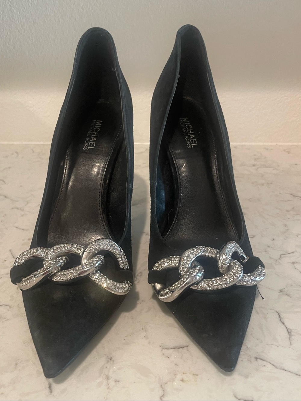Michael Kors Black Suede Pointed Pumps with Crystal Chain Detail